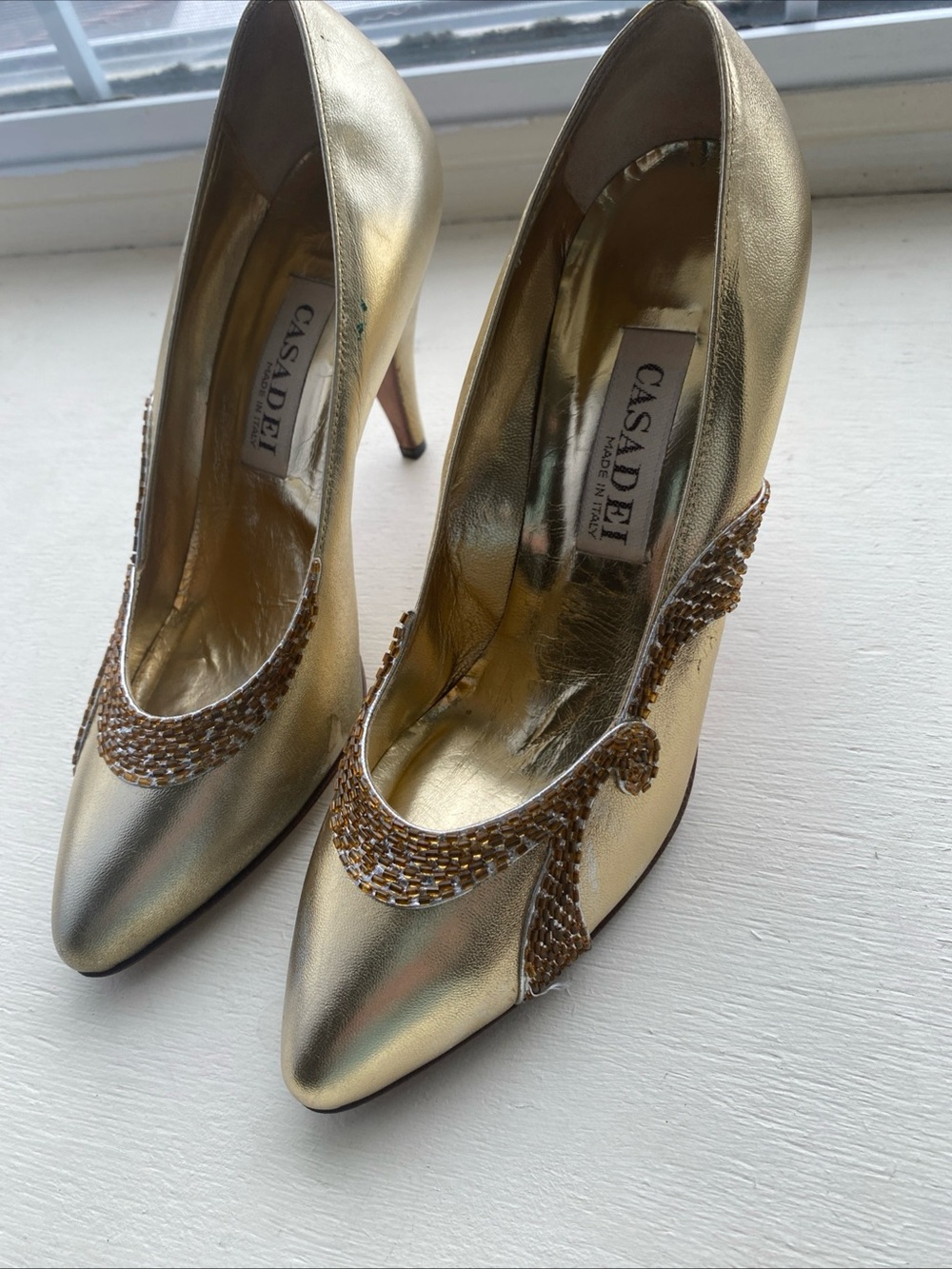 Casadei Vintage Gold Metallic Beaded Detail Pointed Toe Pumps Size 6.5